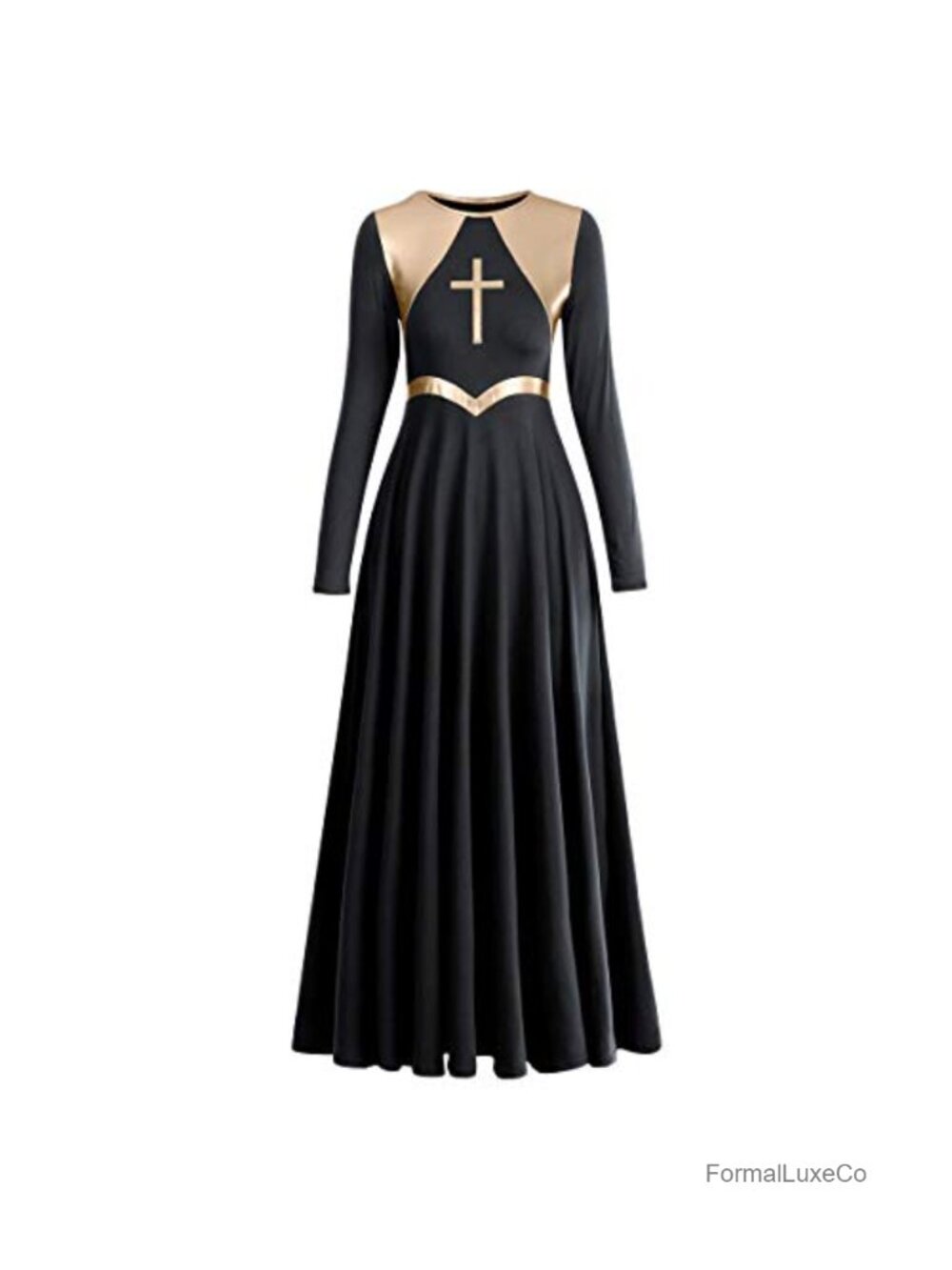 Metallic Cross Liturgical Praise Dance Dress Full Length Long Sleeve Worship